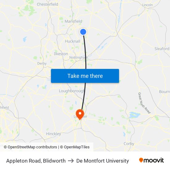 Appleton Road, Blidworth to De Montfort University map