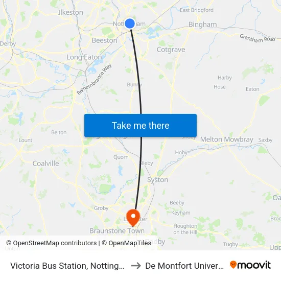 Victoria Bus Station, Nottingham to De Montfort University map
