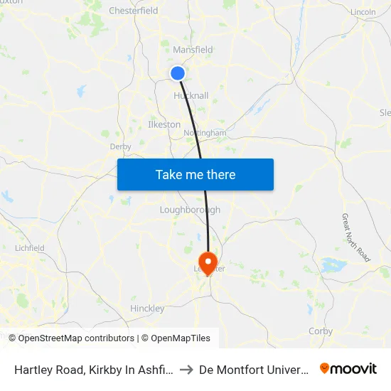 Hartley Road, Kirkby In Ashfield to De Montfort University map
