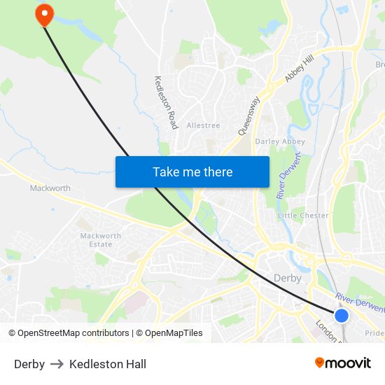 Derby to Kedleston Hall map