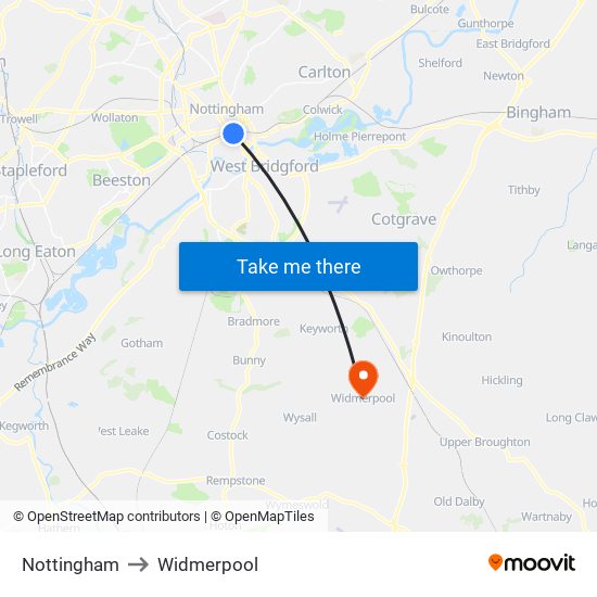 Nottingham to Widmerpool map