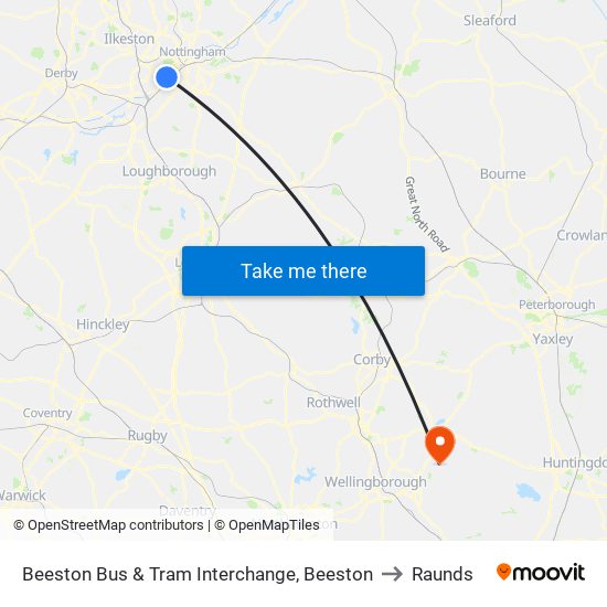 Beeston Bus & Tram Interchange, Beeston to Raunds map