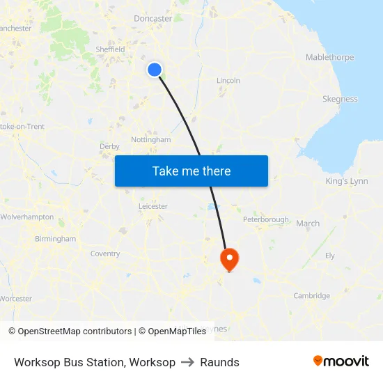 Worksop Bus Station, Worksop to Raunds map