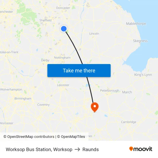 Worksop Bus Station, Worksop to Raunds map