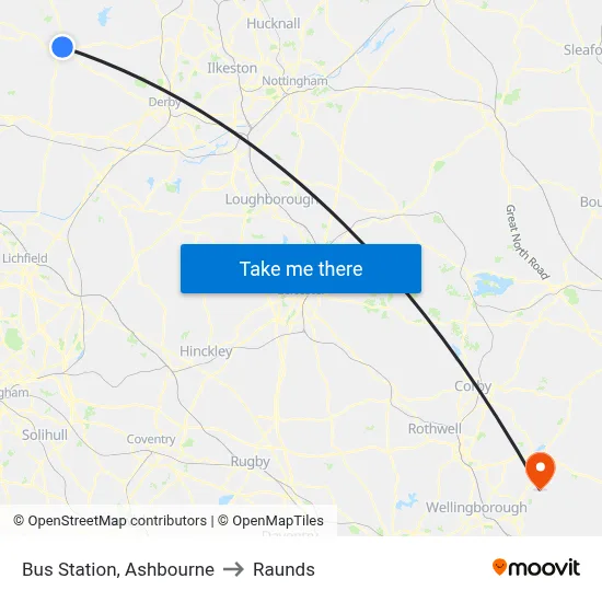 Bus Station, Ashbourne to Raunds map