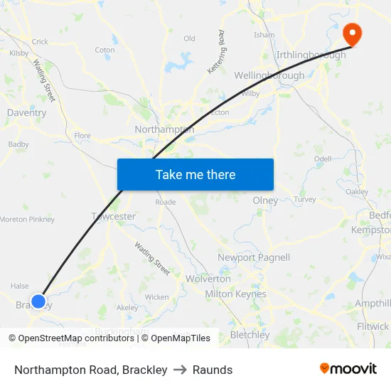 Northampton Road, Brackley to Raunds map