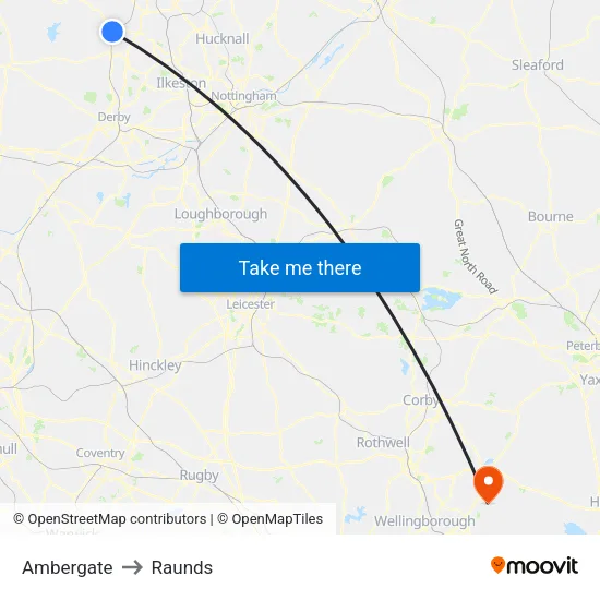 Ambergate to Raunds map