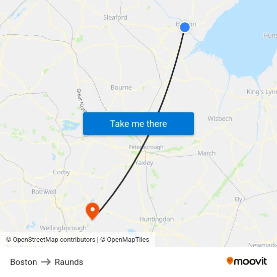 Boston to Raunds map