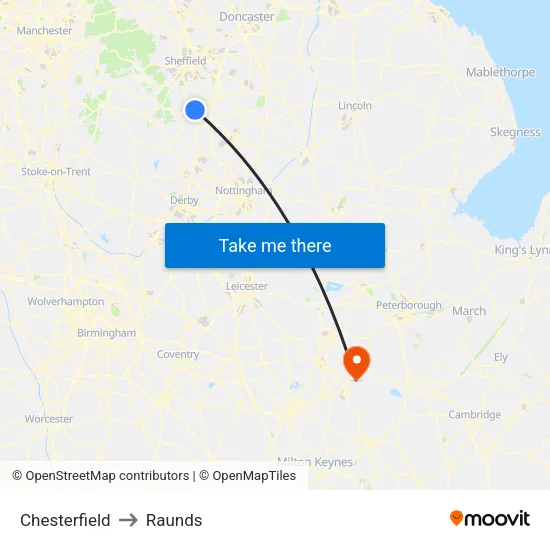 Chesterfield to Raunds map