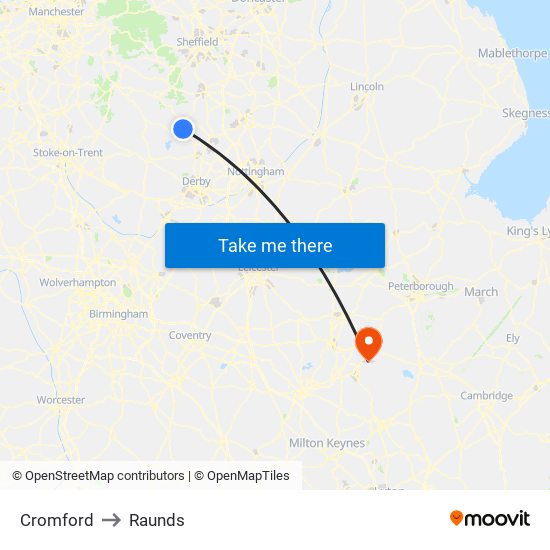 Cromford to Raunds map