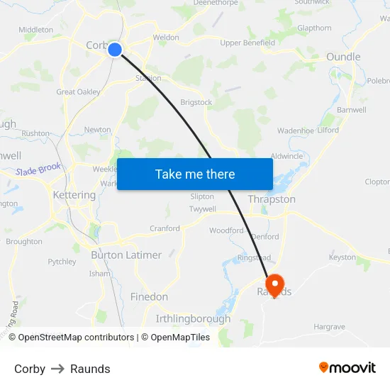 Corby to Raunds map