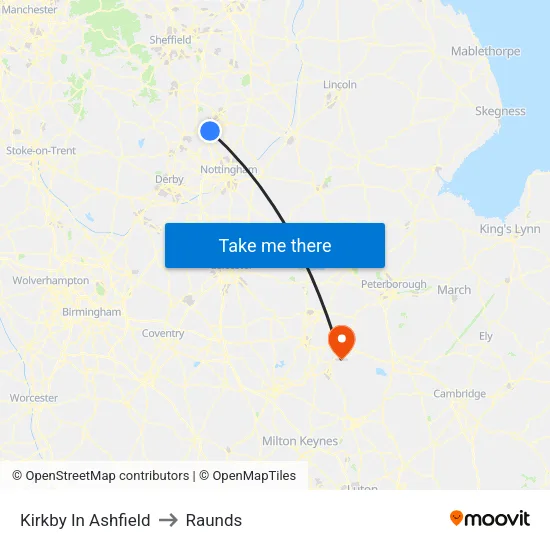 Kirkby In Ashfield to Raunds map