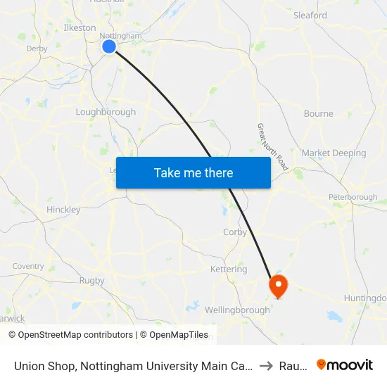 Union Shop, Nottingham University Main Campus (Un32) to Raunds map