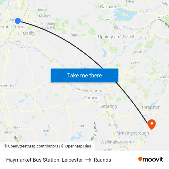 Haymarket Bus Station, Leicester to Raunds map