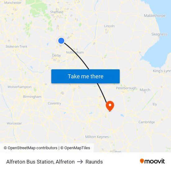 Alfreton Bus Station, Alfreton to Raunds map