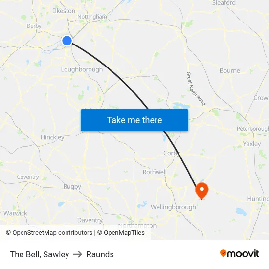 The Bell, Sawley to Raunds map