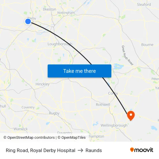 Ring Road, Royal Derby Hospital to Raunds map