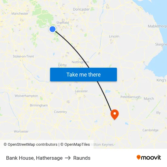 Bank House, Hathersage to Raunds map