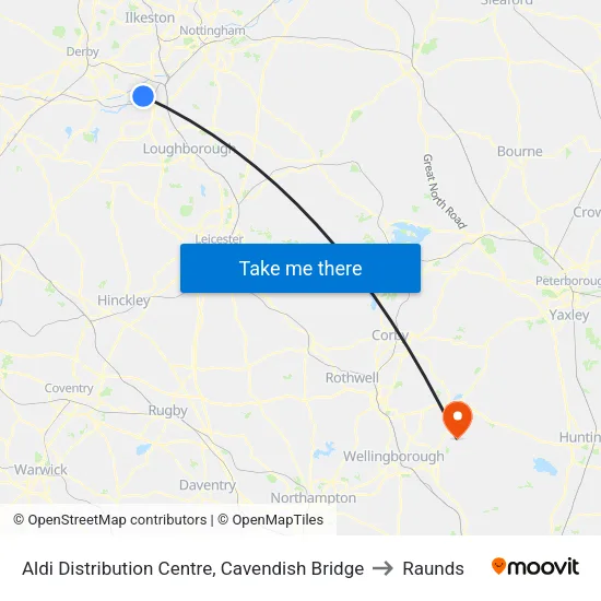 Aldi Distribution Centre, Cavendish Bridge to Raunds map