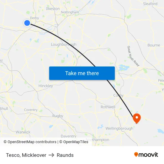 Tesco, Mickleover to Raunds map
