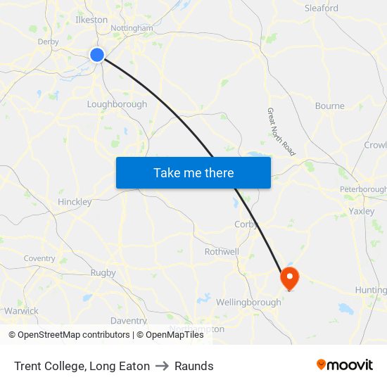 Trent College, Long Eaton to Raunds map