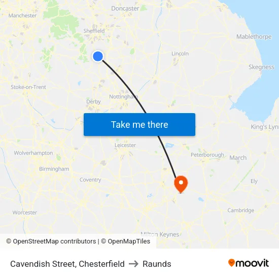 Cavendish Street, Chesterfield to Raunds map