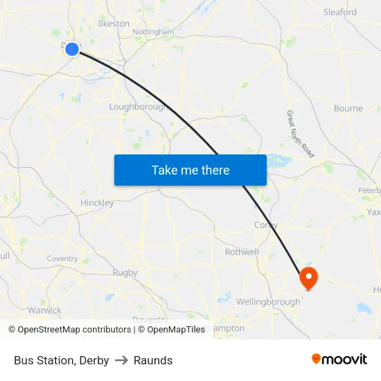 Bus Station, Derby to Raunds map