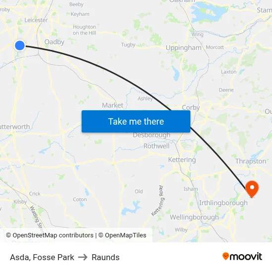 Asda, Fosse Park to Raunds map