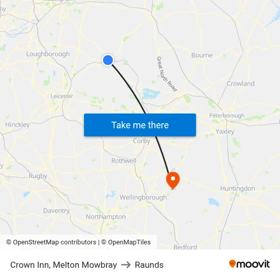 Crown Inn, Melton Mowbray to Raunds map