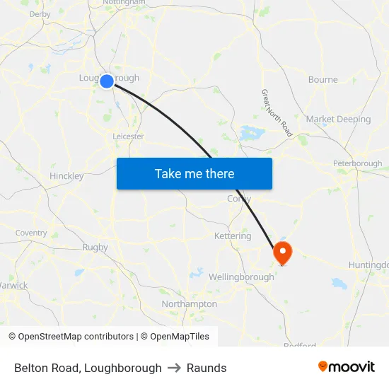 Belton Road, Loughborough to Raunds map