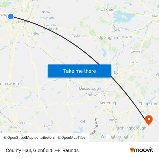 County Hall, Glenfield to Raunds map