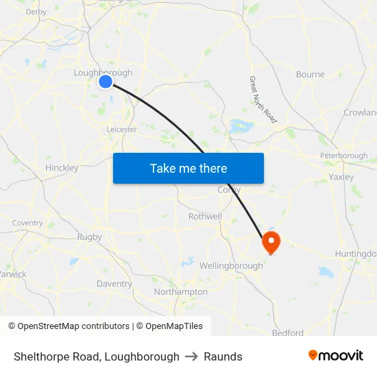 Shelthorpe Road, Loughborough to Raunds map