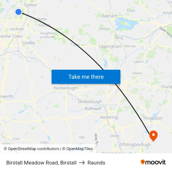 Birstall Meadow Road, Birstall to Raunds map
