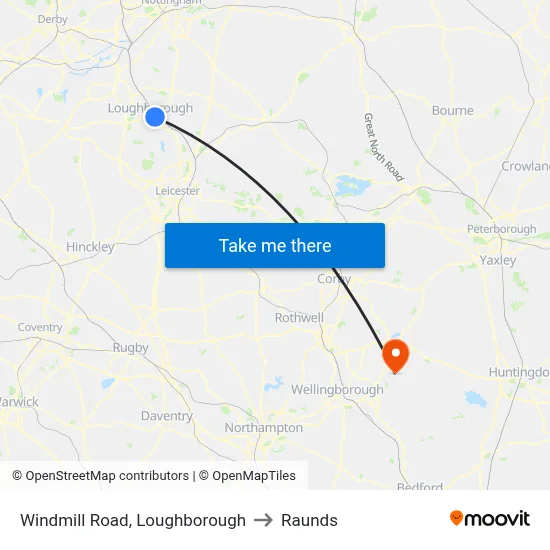 Windmill Road, Loughborough to Raunds map