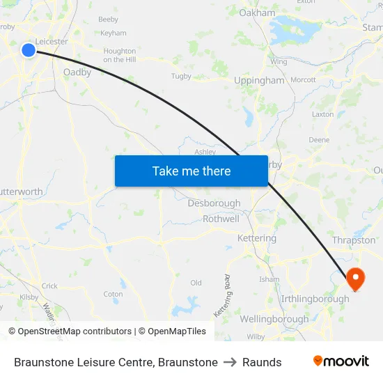 Braunstone Leisure Centre, Braunstone to Raunds map