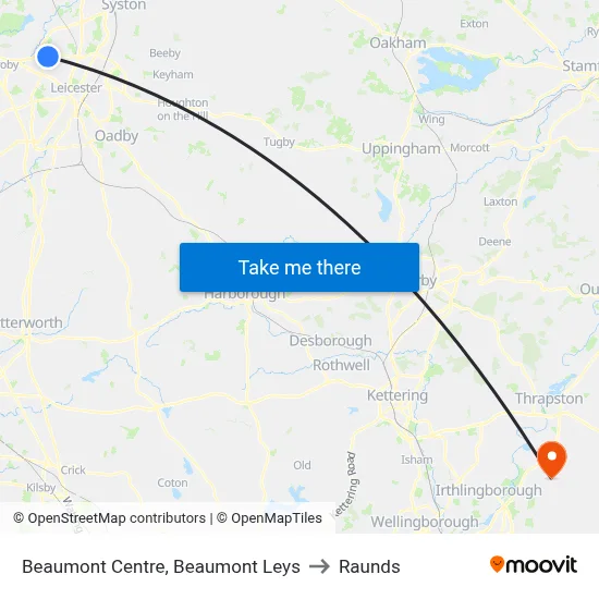 Beaumont Centre, Beaumont Leys to Raunds map