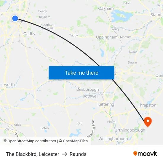 The Blackbird, Leicester to Raunds map