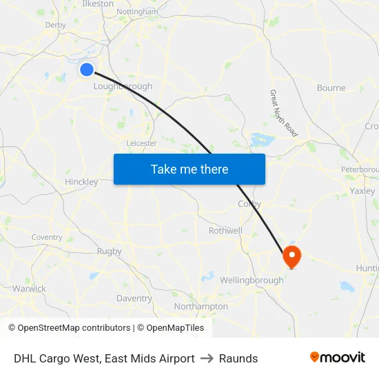 DHL Cargo West, East Mids Airport to Raunds map