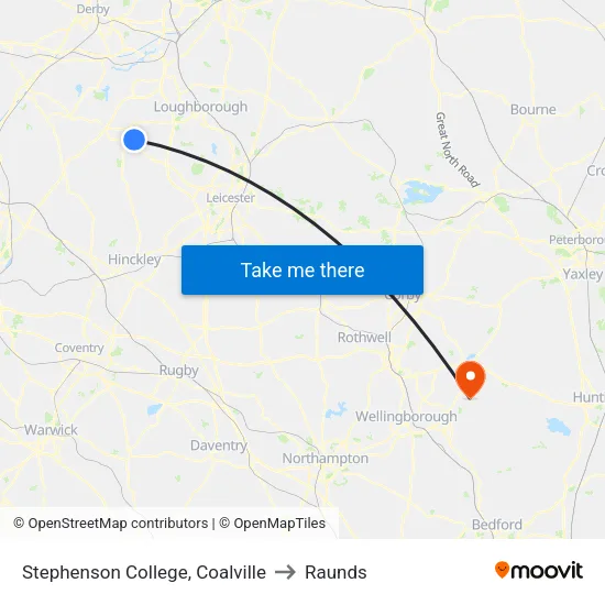 Stephenson College, Coalville to Raunds map