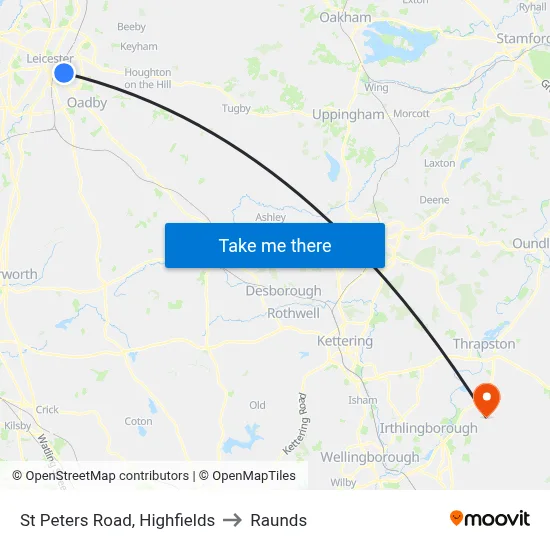 St Peters Road, Highfields to Raunds map