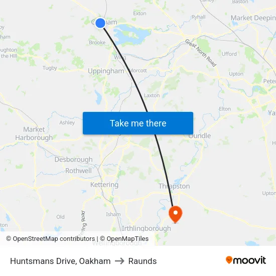 Huntsmans Drive, Oakham to Raunds map