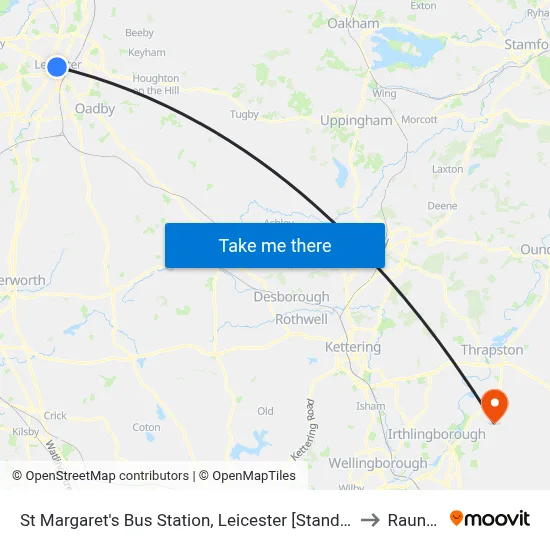St Margaret's Bus Station, Leicester [Stand Sc] to Raunds map