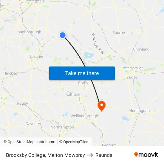 Brooksby College, Melton Mowbray to Raunds map