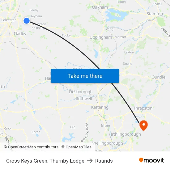 Cross Keys Green, Thurnby Lodge to Raunds map