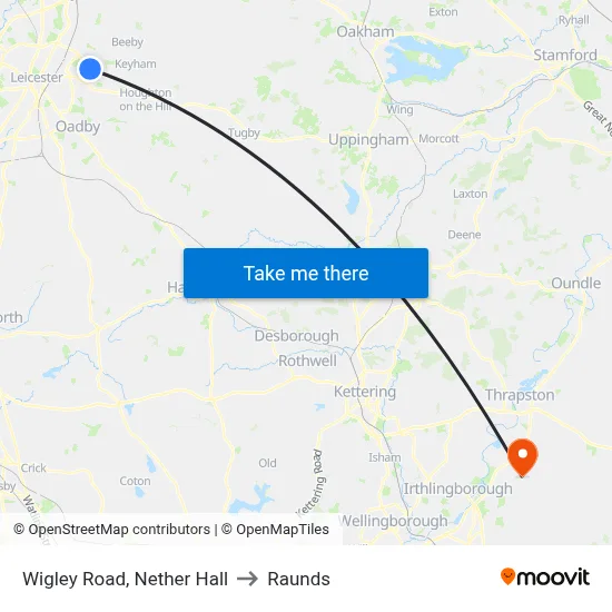 Wigley Road, Nether Hall to Raunds map