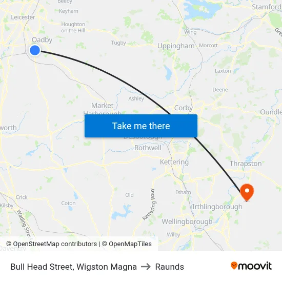 Bull Head Street, Wigston Magna to Raunds map