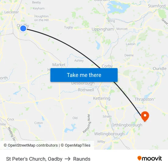 St Peter's Church, Oadby to Raunds map