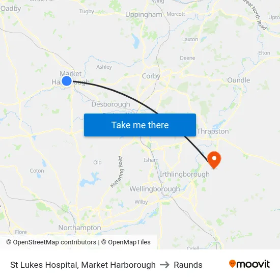 St Lukes Hospital, Market Harborough to Raunds map