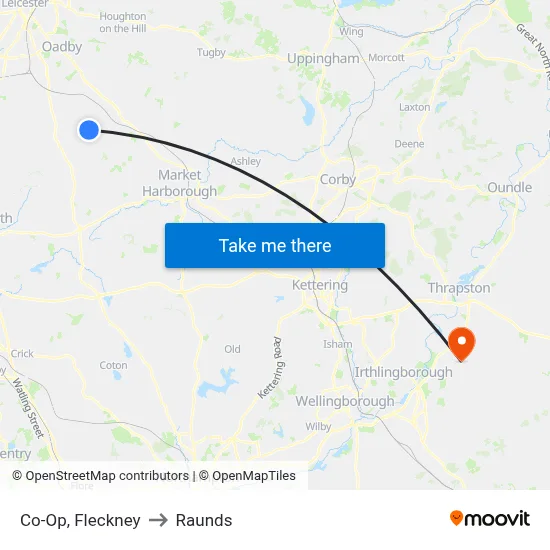 Co-Op, Fleckney to Raunds map
