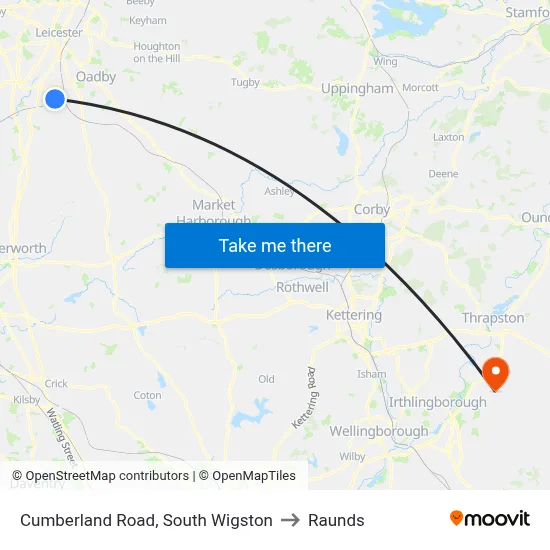 Cumberland Road, South Wigston to Raunds map
